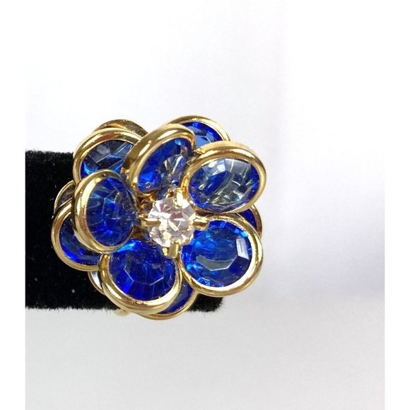 Vintage Avon Rhinestones Flower Petal Stud Earrings Blue Clip on - Picture 6 of 7